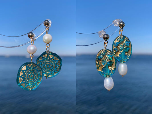 Unique Totem Design Pearl Earrings
