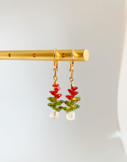 Beaded Christmas Tree Huggie Earrings