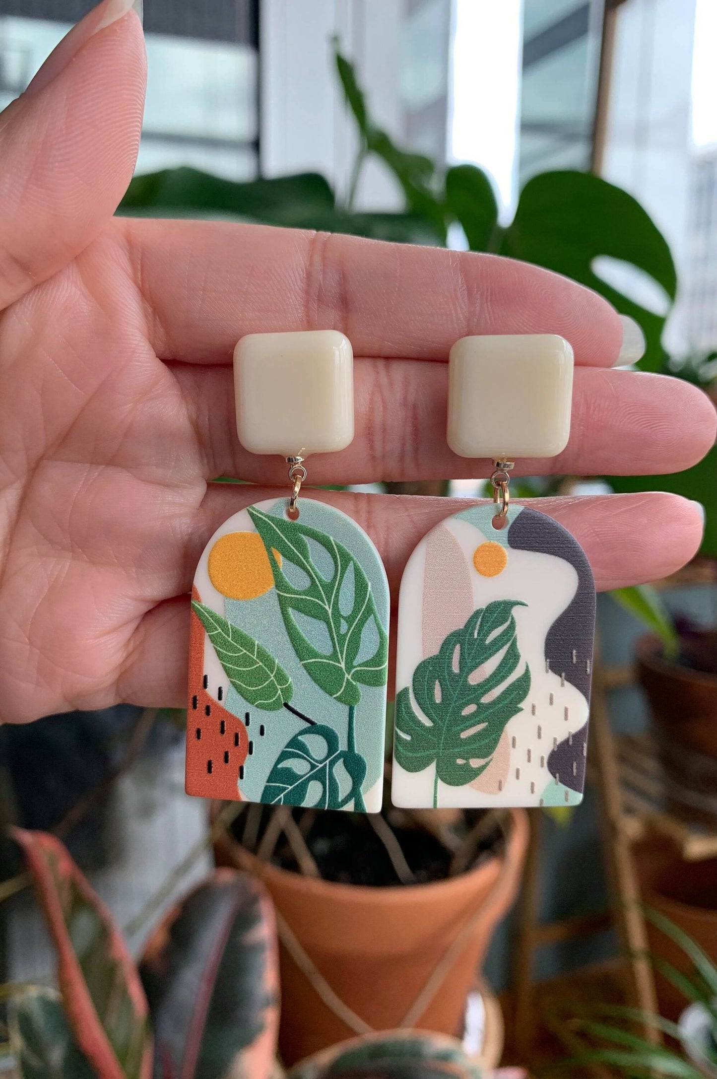 Acrylic Monstera Leaf Earrings
