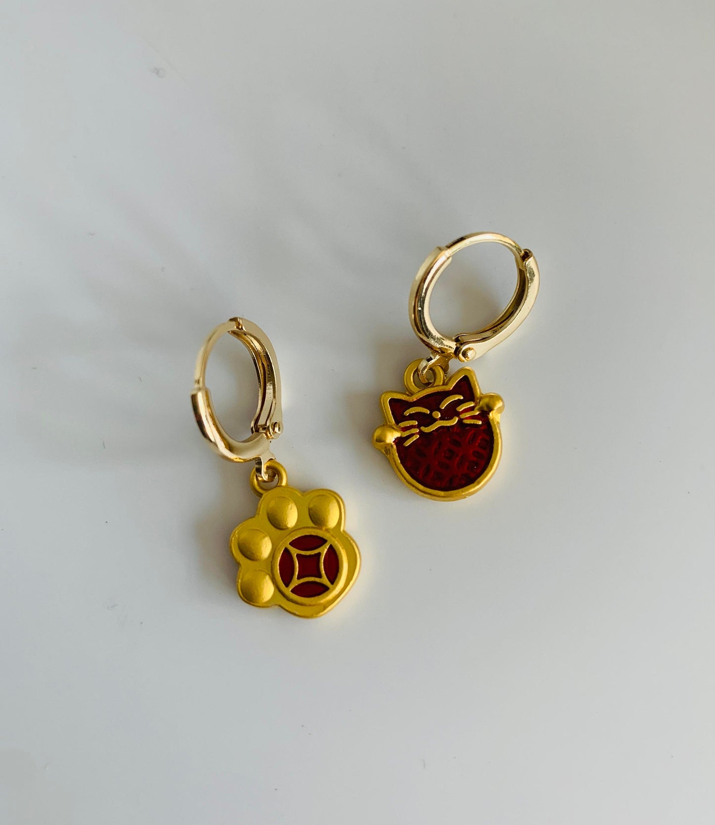 Unique Lucky Cat and Paw Drop Earrings