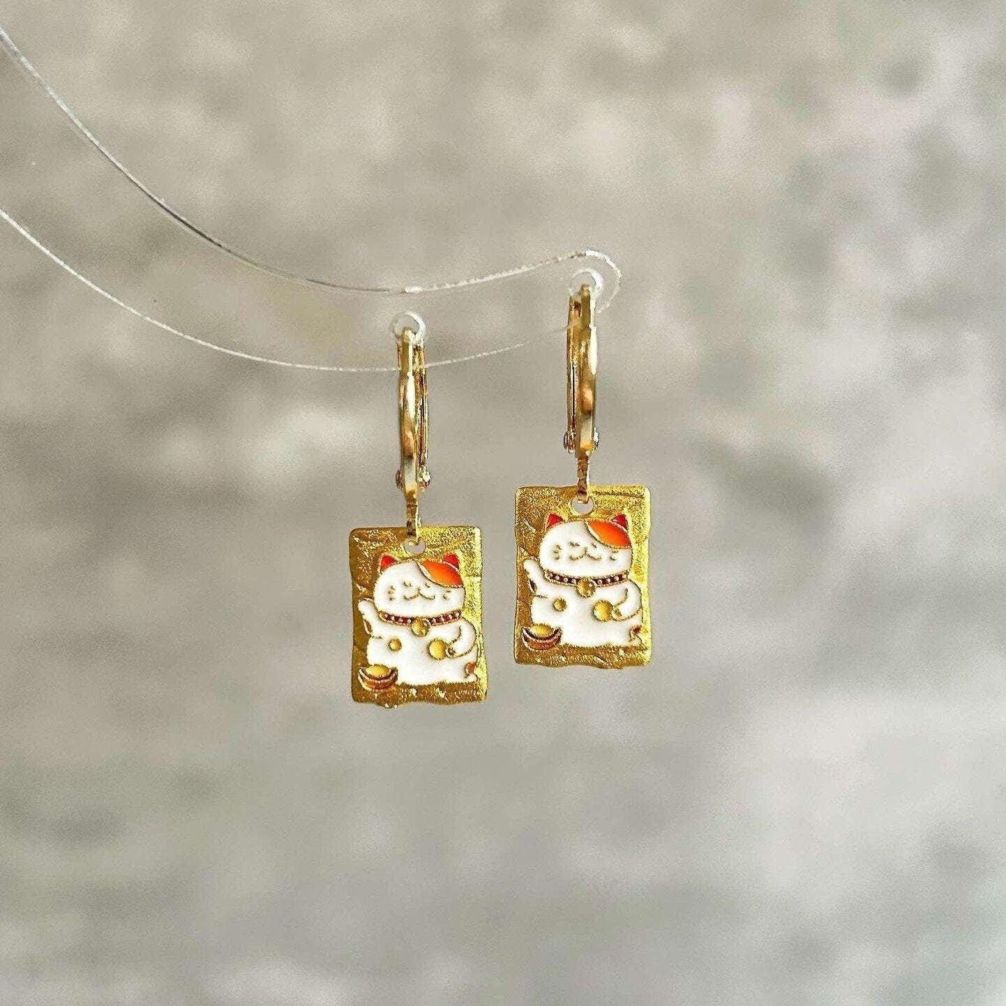 Dainty 14K Gold Plated Lucky Cat Huggie Earrings