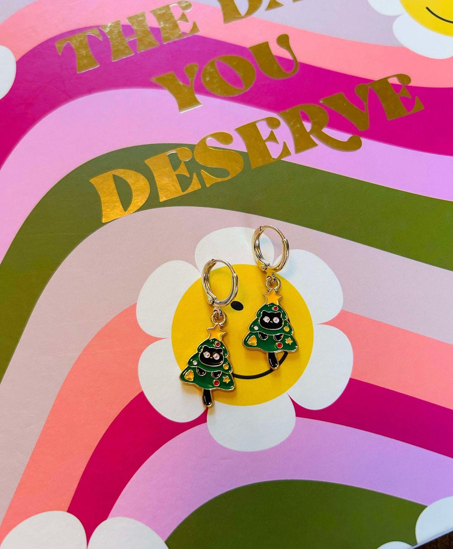 Unique Cat in Christmas Tree Earrings