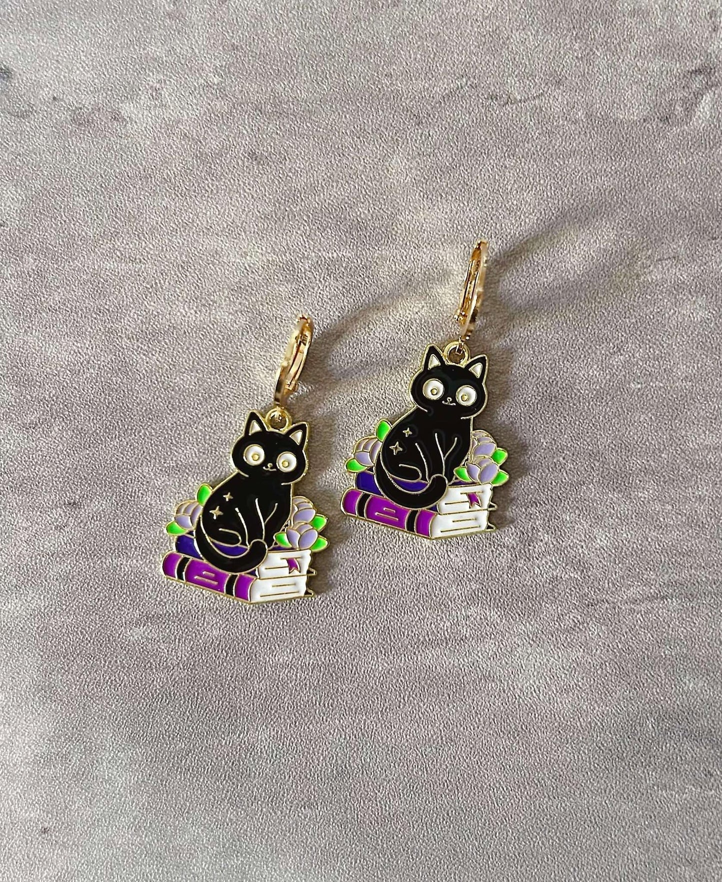 Unique Cat and Books Huggie Earrings