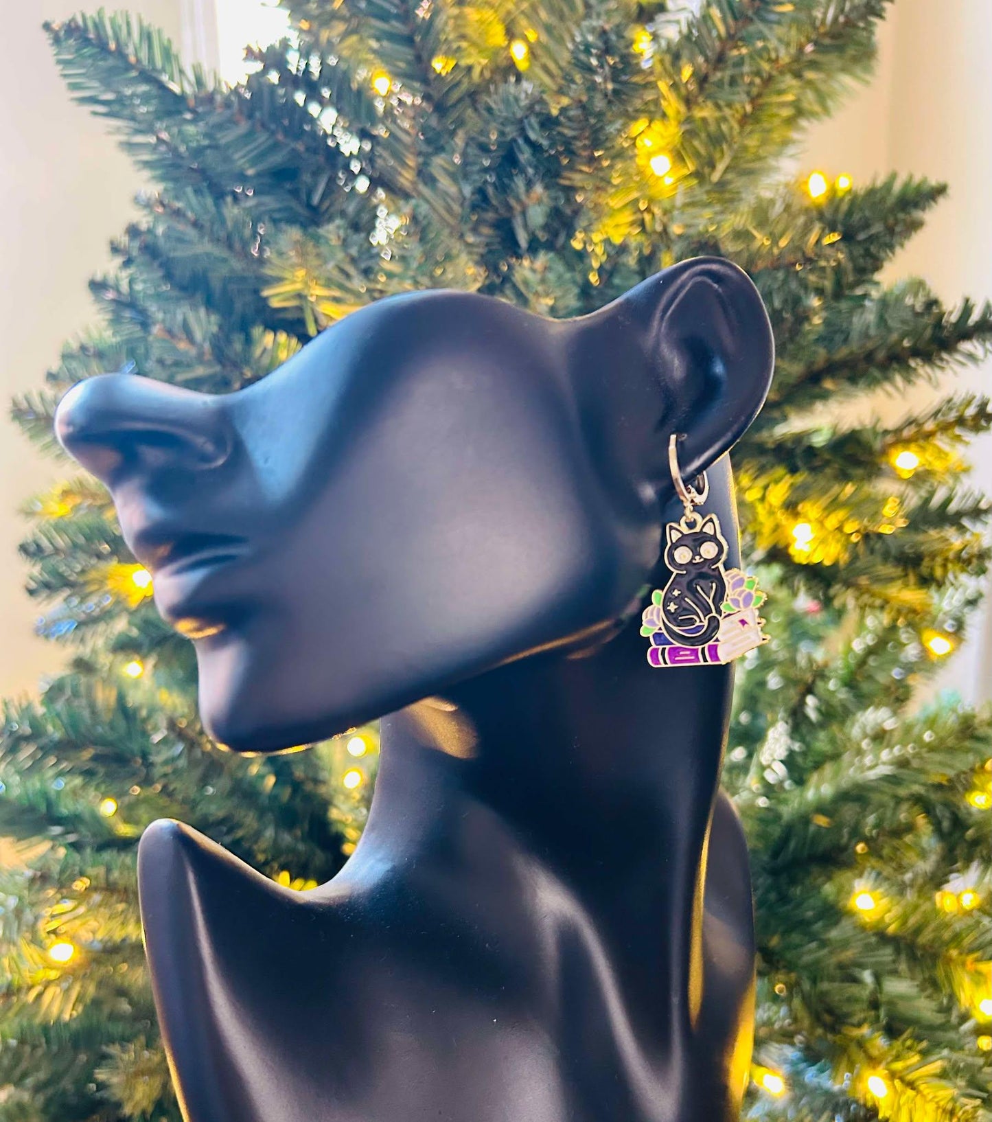 Unique Cat and Books Huggie Earrings