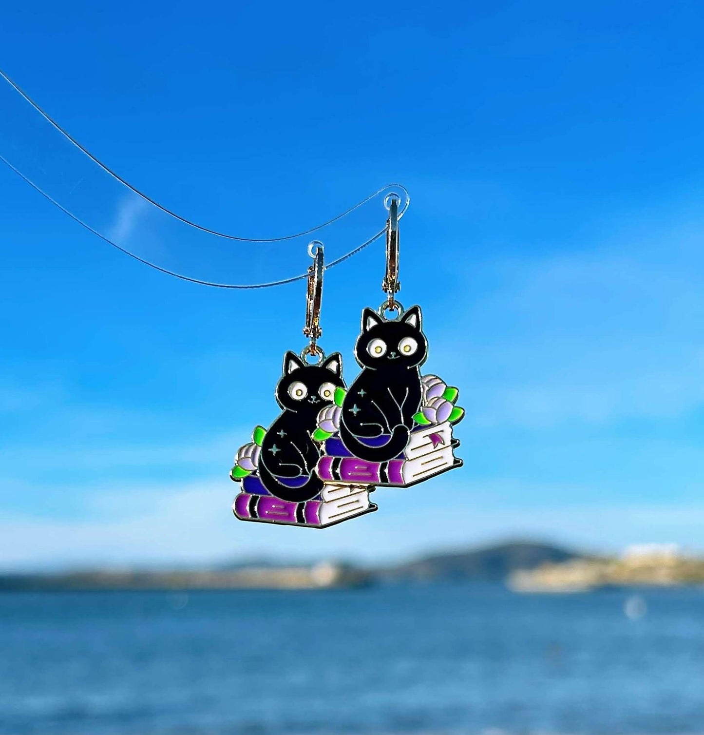 a pair of earrings a black cat sit on books