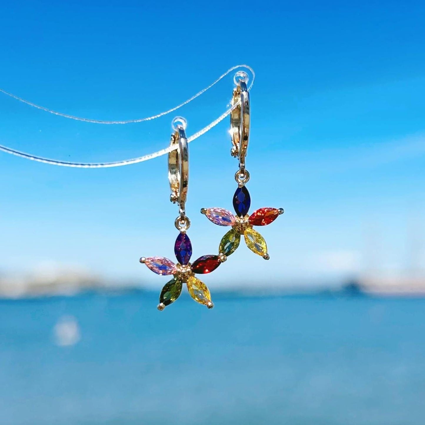 Dainty Rainbow Flower Huggie Earrings