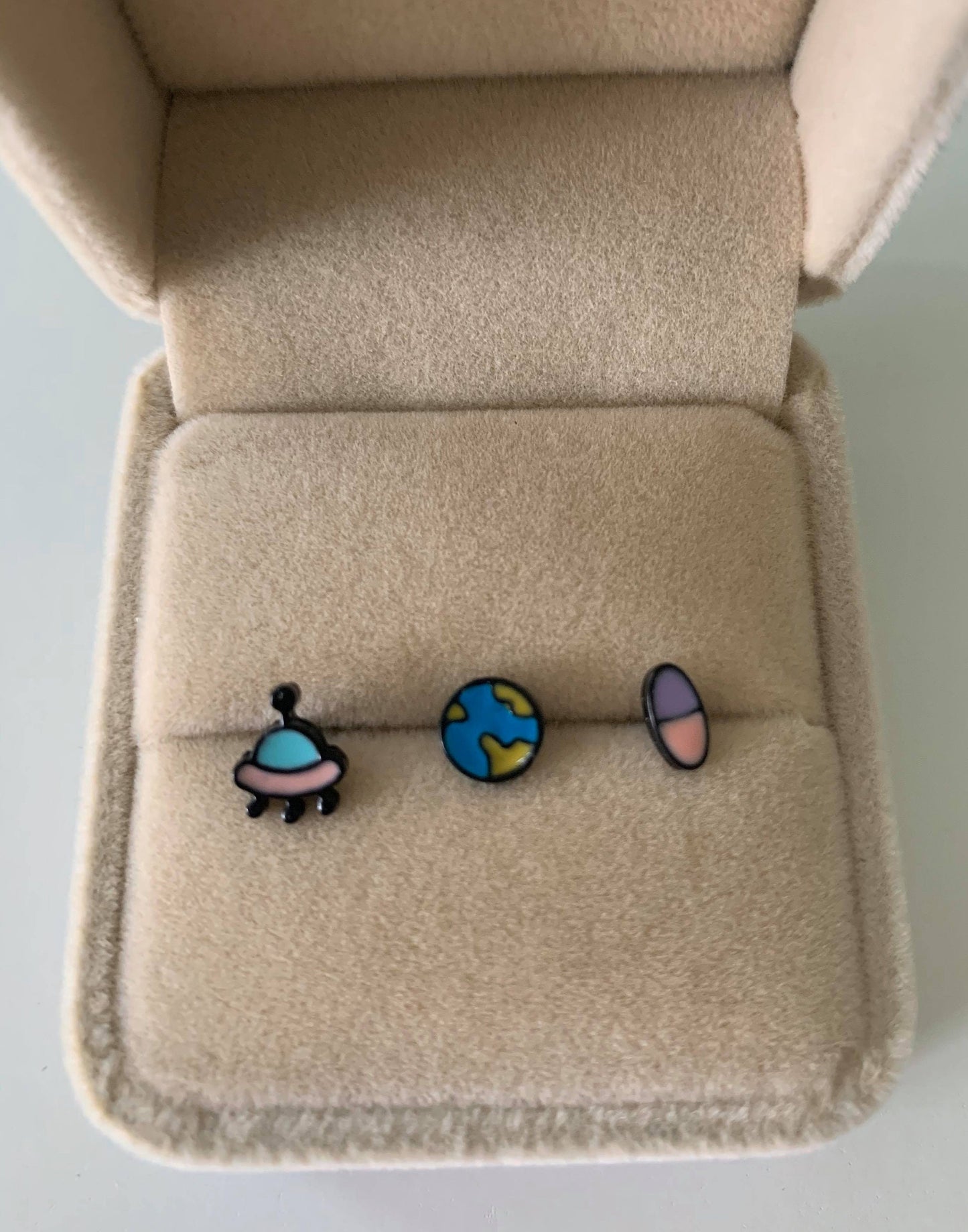 Mini Alien UFO Earth Earrings Set Silver Post Earrings
