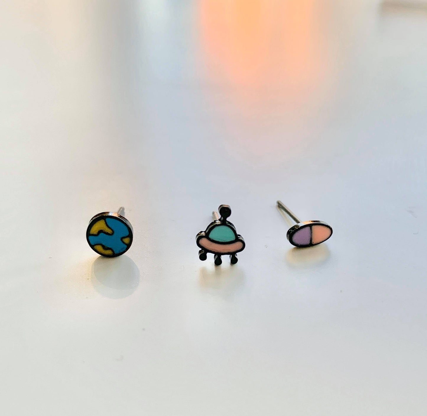 Mini Alien UFO Earth Earrings Set Silver Post Earrings