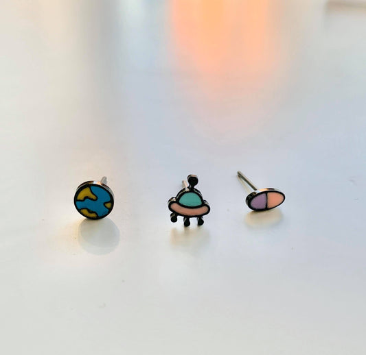 Mini Alien UFO Earth Earrings Set Silver Post Earrings