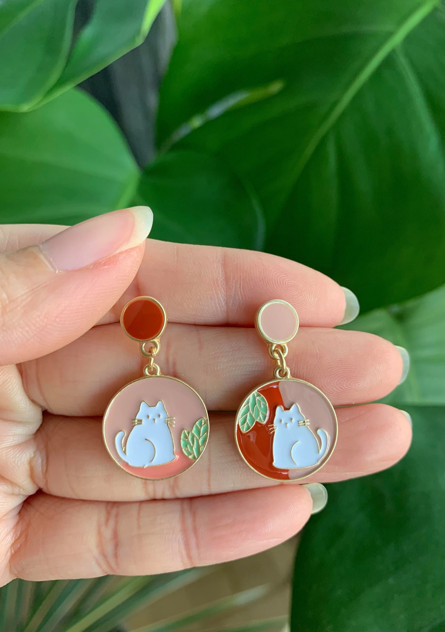 Unique Cat and Plant Drop Earrings