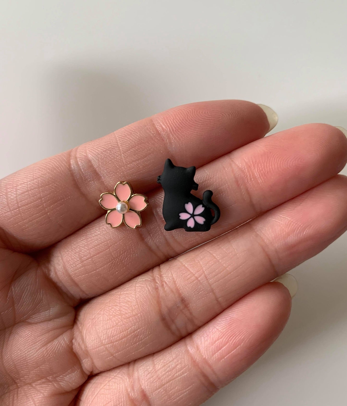Unique Sakura and Cat Stud Earrings
