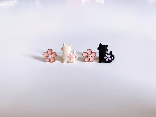 Unique Sakura and Cat Stud Earrings