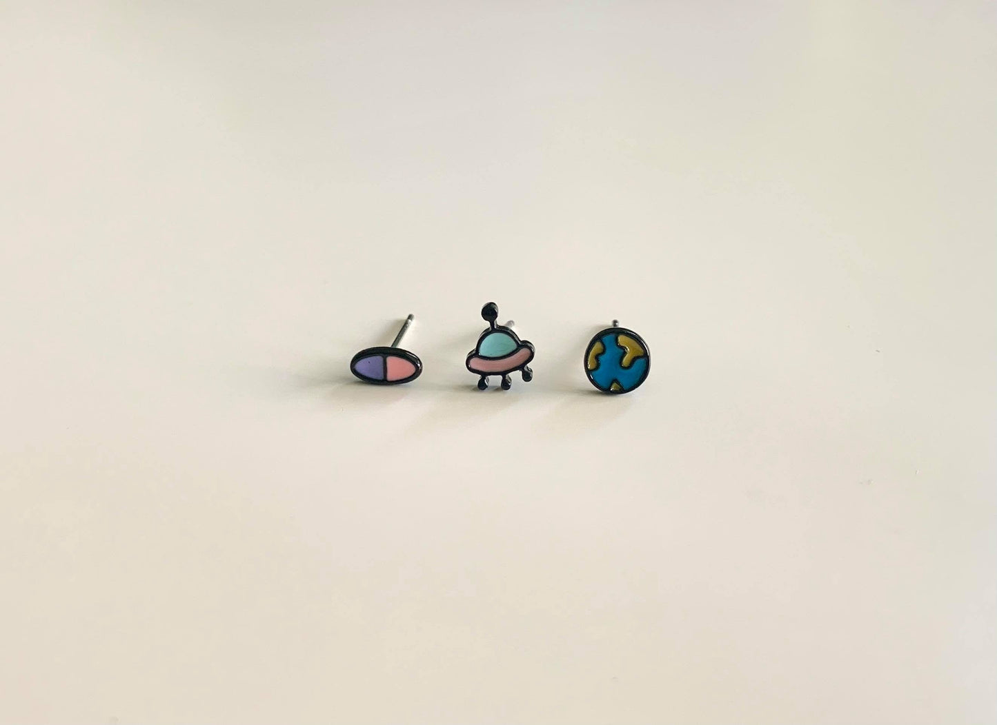 Mini Alien UFO Earth Earrings Set Silver Post Earrings