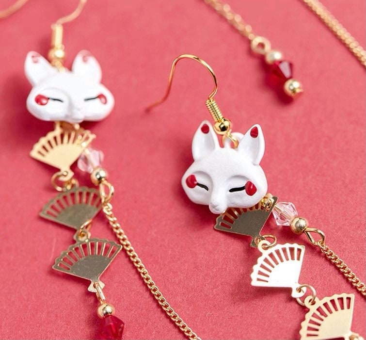 Unique Kitsune Fox Mask Earrings