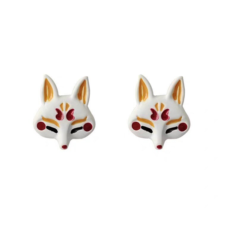Unique Kitsune Fox Mask Stud Earrings