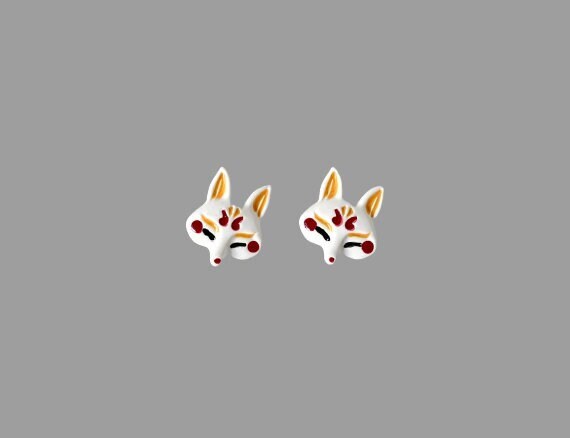 Unique Kitsune Fox Mask Stud Earrings