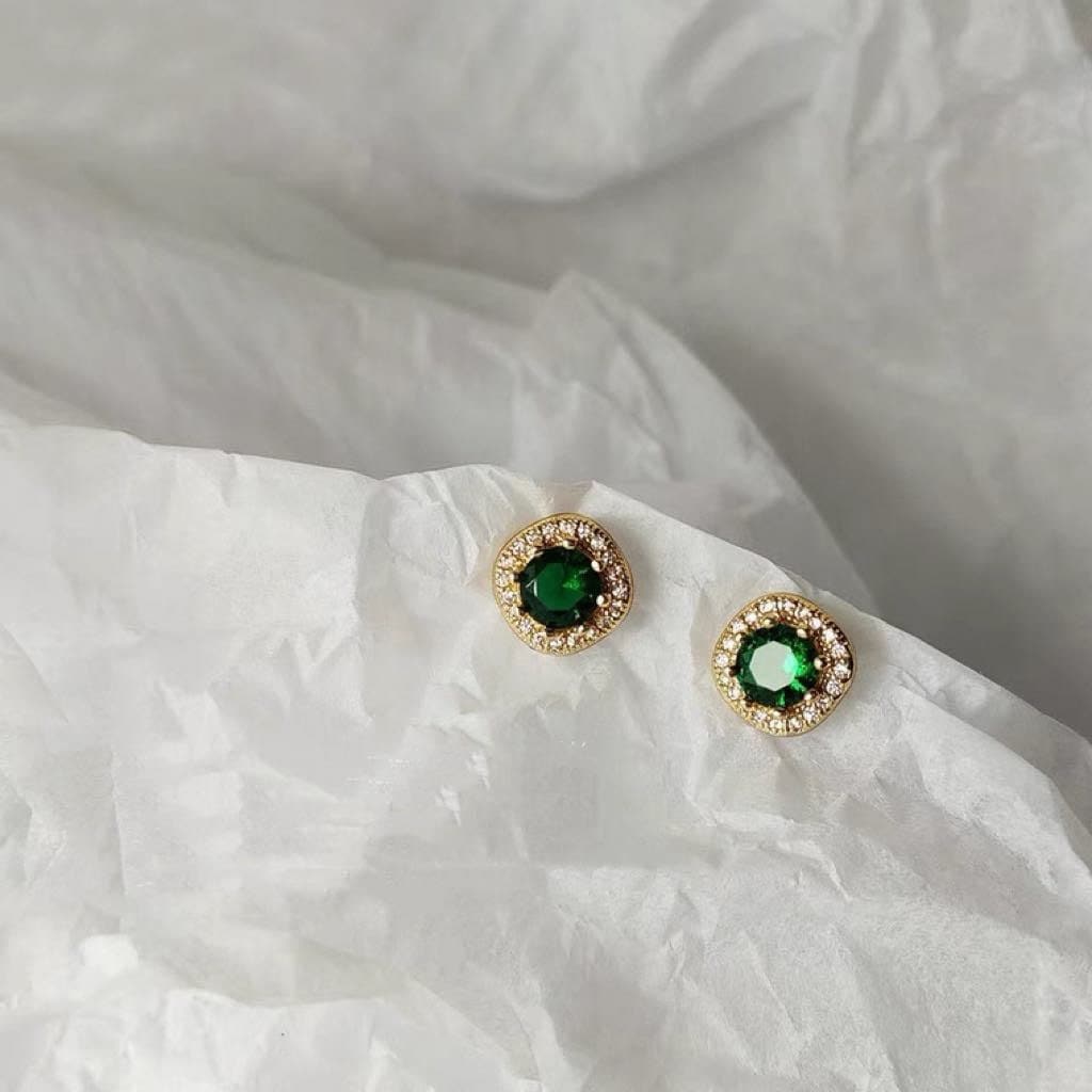 Dainty 14K Gold Plated Green Zircon Stud Earrings