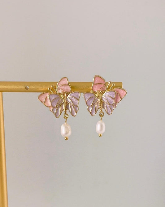 Enamel Butterfly and Pearl Earrings