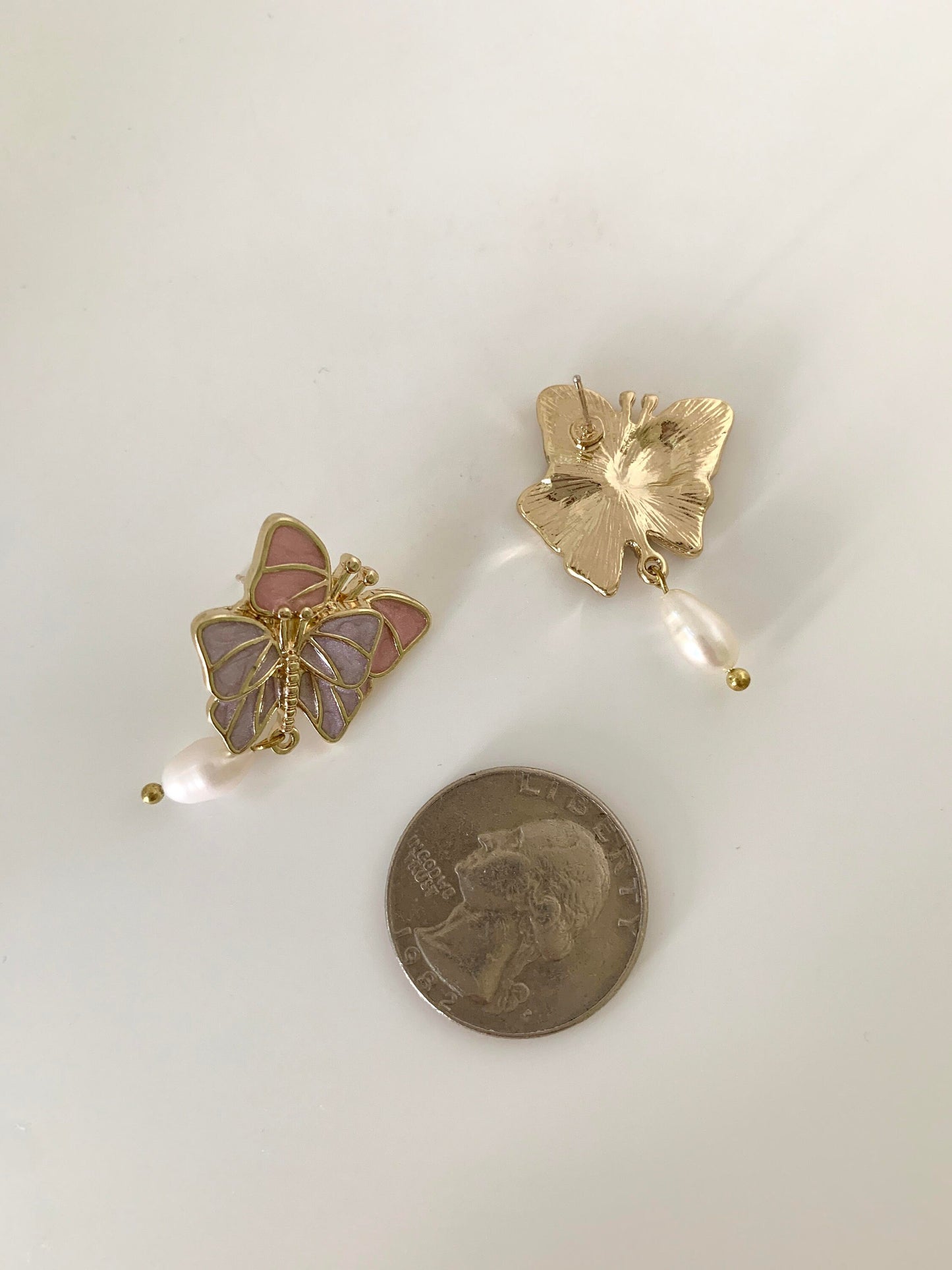 Enamel Butterfly and Pearl Earrings