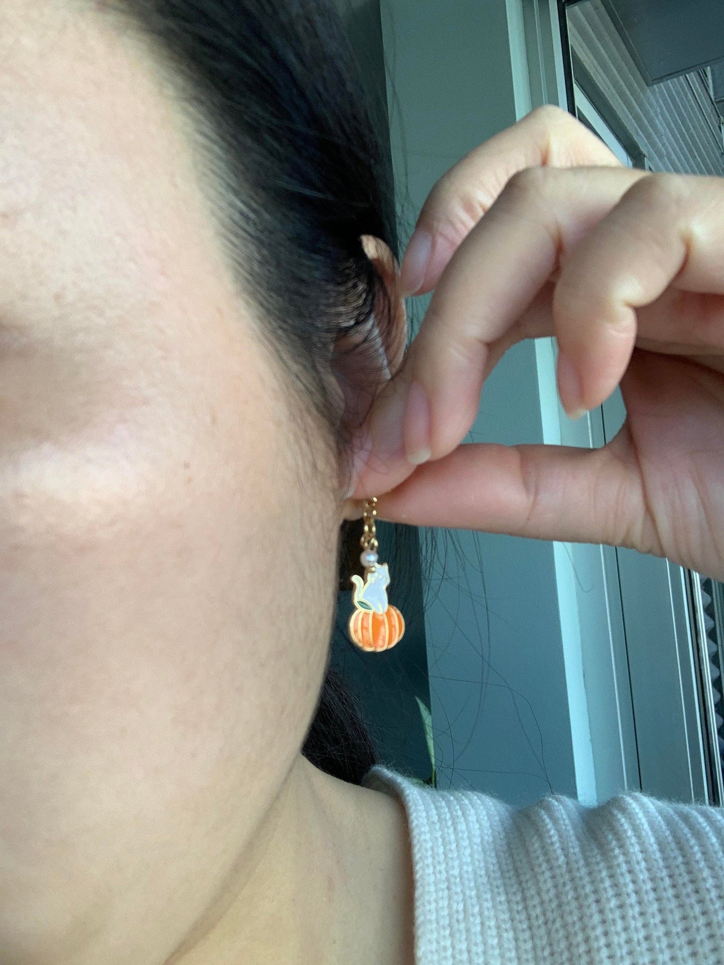 Unique Pumpkin and Cat Earrings Silver Post