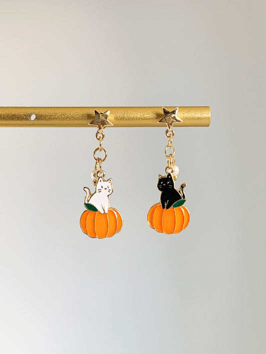 Unique Pumpkin and Cat Earrings Silver Post