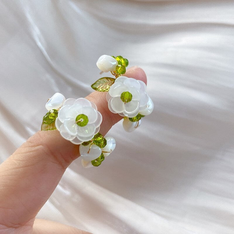 Unique Beaded Camellia Hoop Earrings