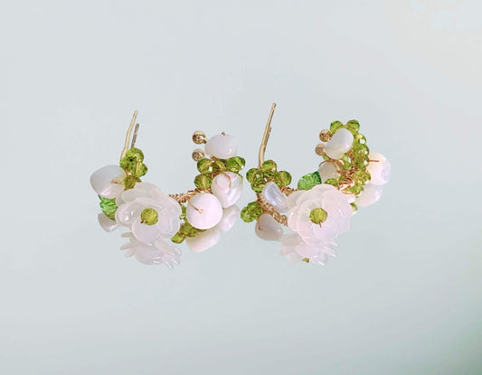 Unique Beaded Camellia Hoop Earrings