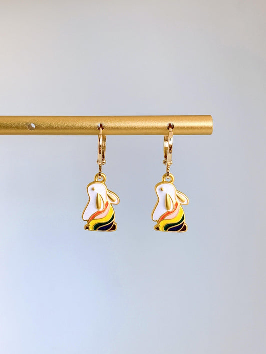 Unique Rainbow Bunny Huggie Hoop Earrings