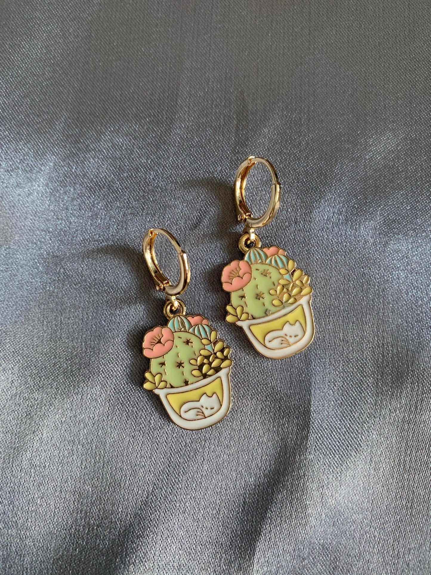 Unique Cat and Cactus Huggie Earrings