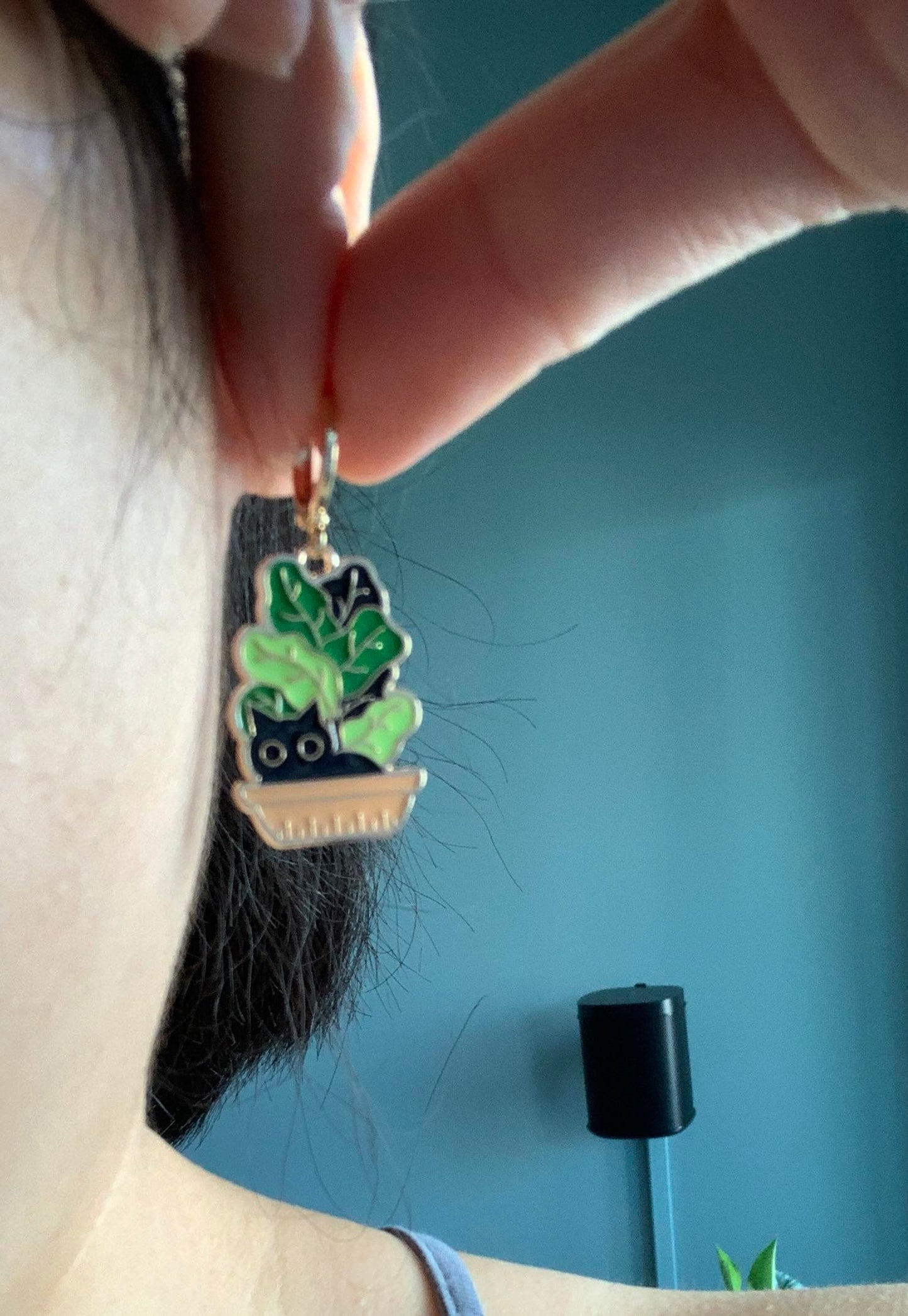 Unique Cat and Plant Huggie Earrings