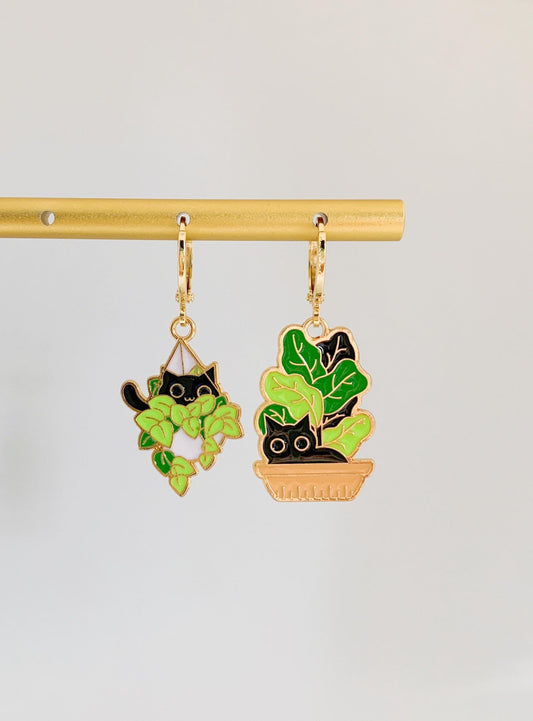 Unique Cat and Plant Huggie Earrings