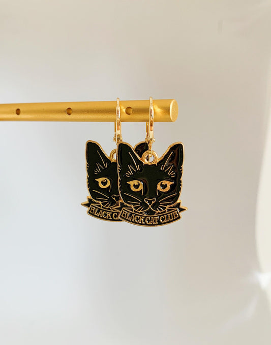 Unique Black Cat Club Huggie Earrings