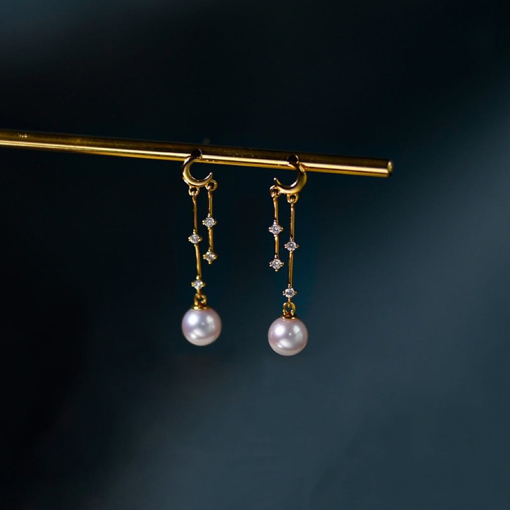 Dainty Moon and Pearl Dangle Earrings