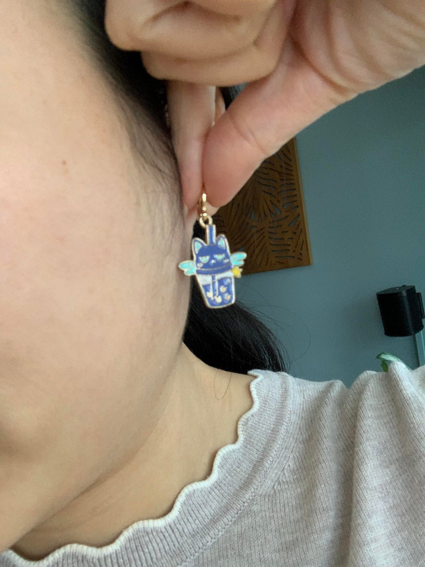 Cat and Bunny Milk Tea Huggie Earrings