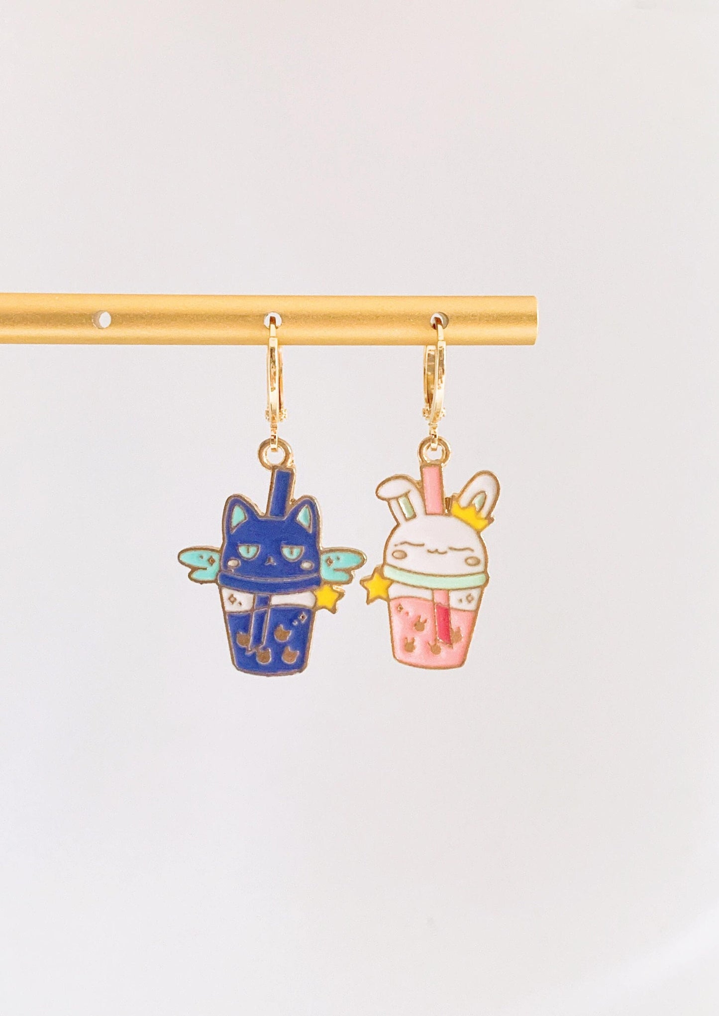 Cat and Bunny Milk Tea Huggie Earrings