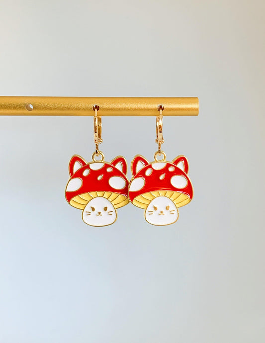 Unique Mushroom Cat Drop Earrings