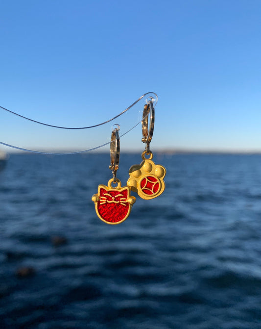 Unique Lucky Cat and Paw Drop Earrings