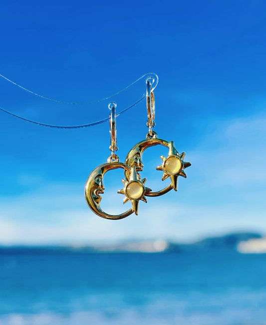 14K Gold Plated Dainty Sun and Moon Earrings