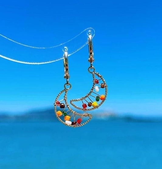 Dainty Beaded Moon Earrings