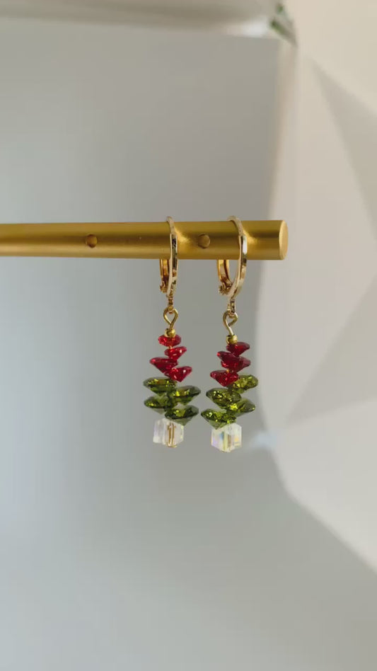 Beaded Christmas Tree Huggie Earrings