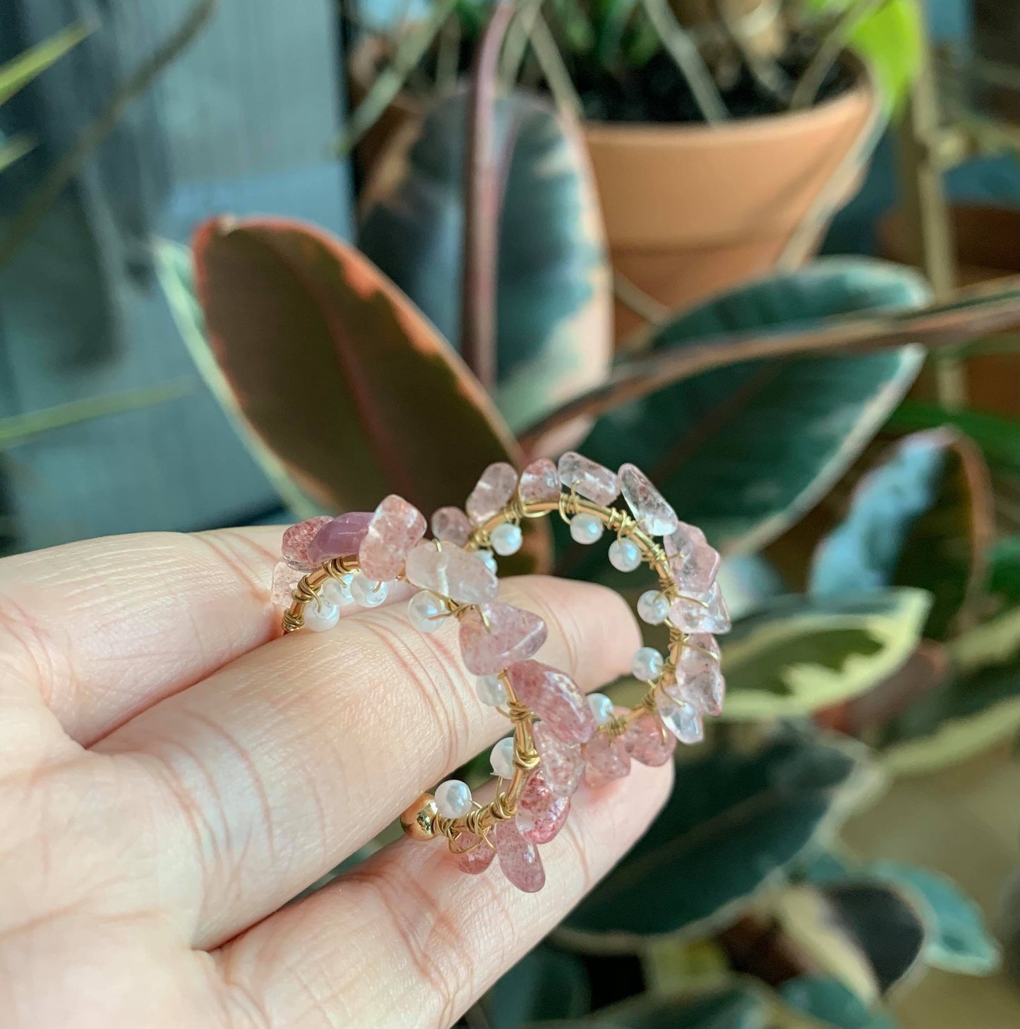 Unique Pink Opal Open Hoop Earrings