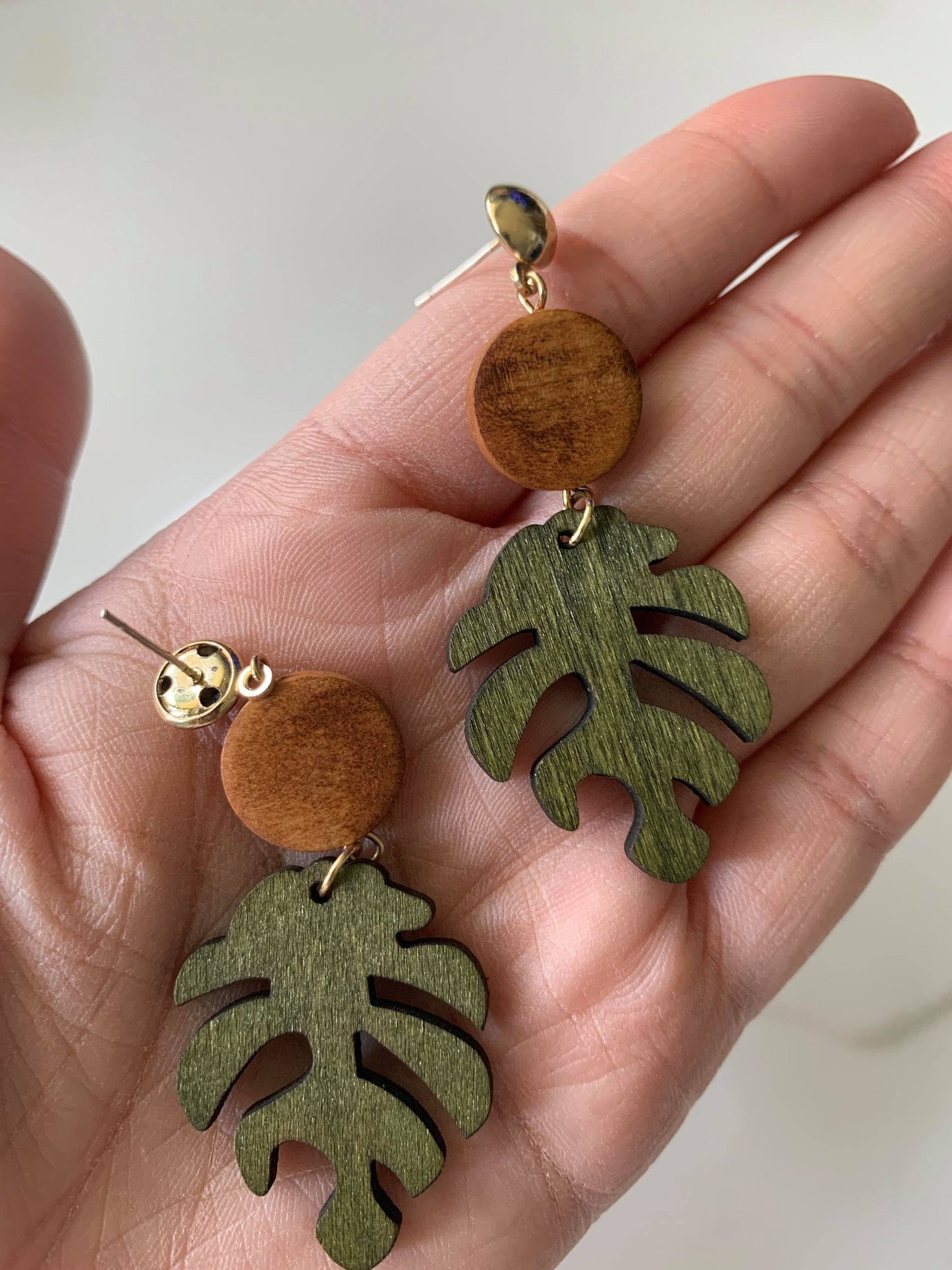 Unique Wood Monstera Leaf Earrings