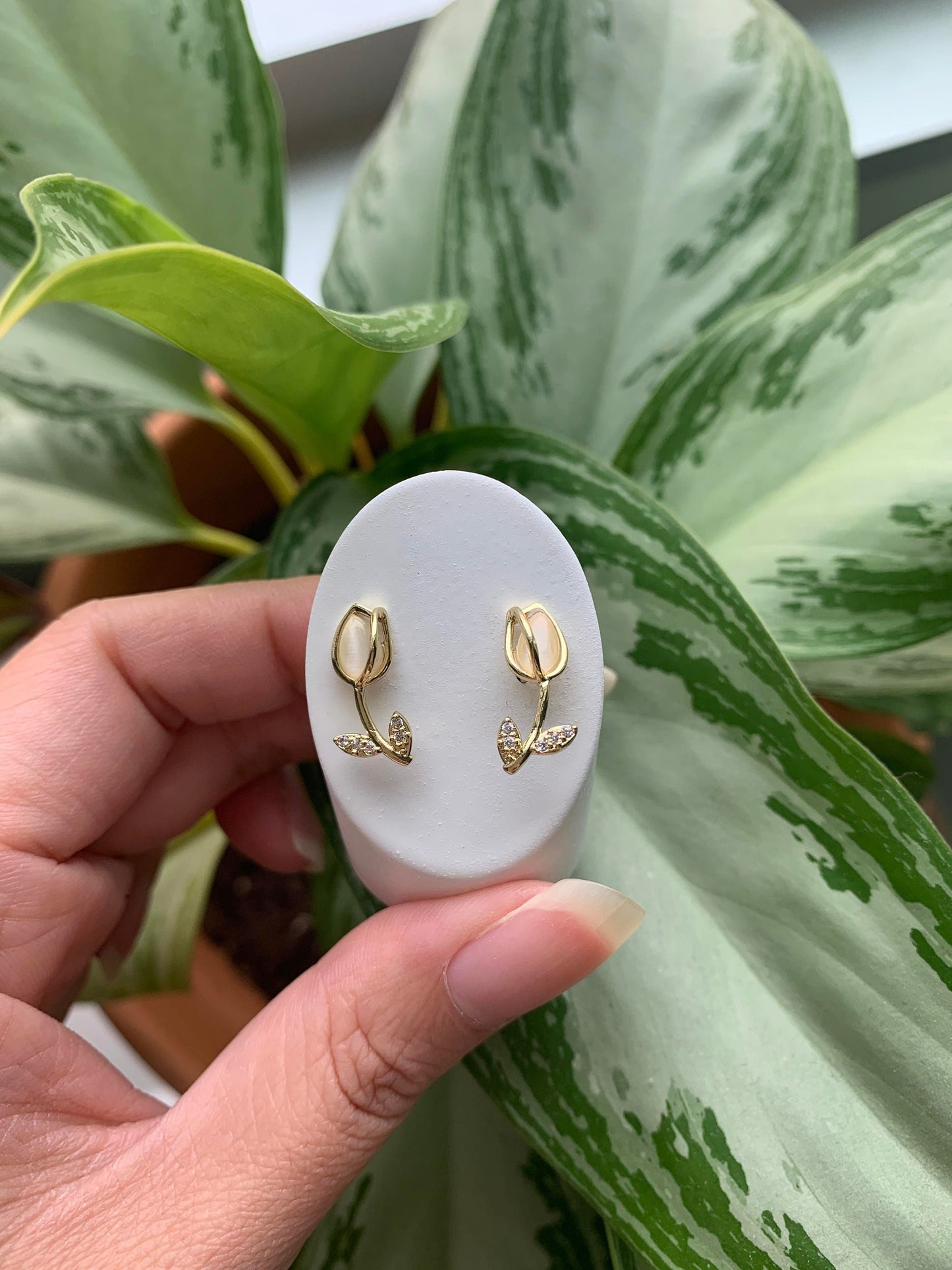 Dainty Moonstone Tulips Stud Earrings