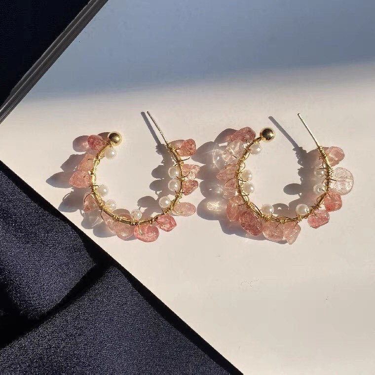 Unique Pink Opal Open Hoop Earrings