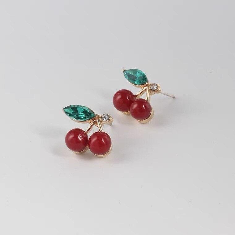 Small Cherry Stud Earrings Silver Post