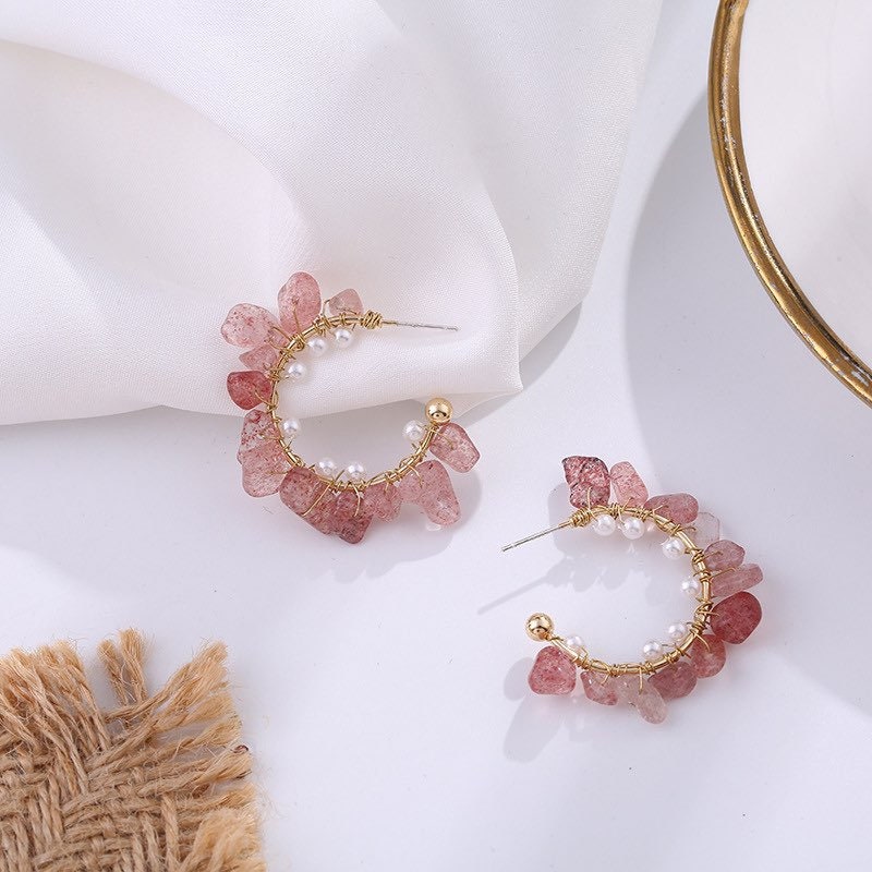 Unique Pink Opal Open Hoop Earrings