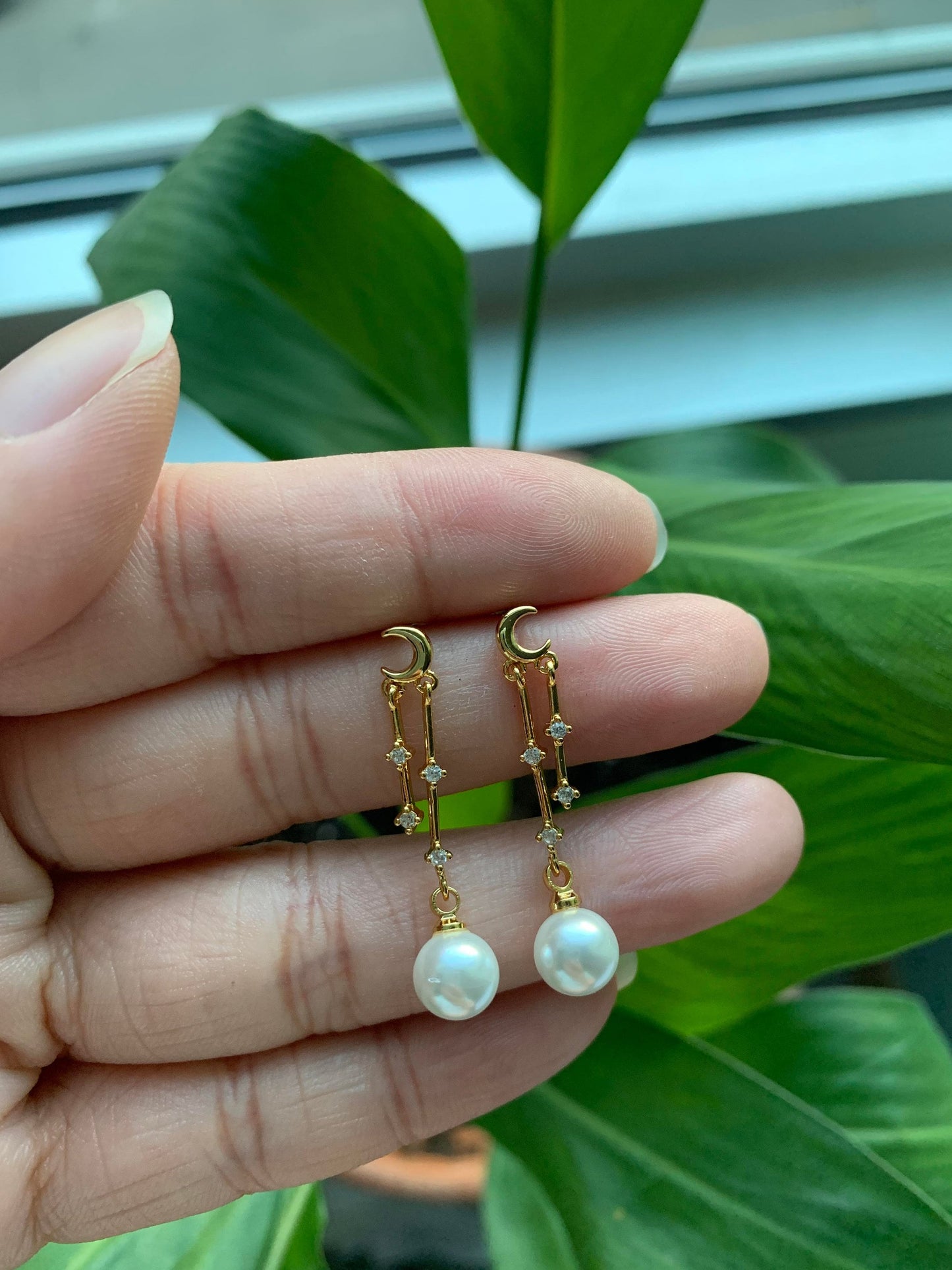 Dainty Moon and Pearl Dangle Earrings