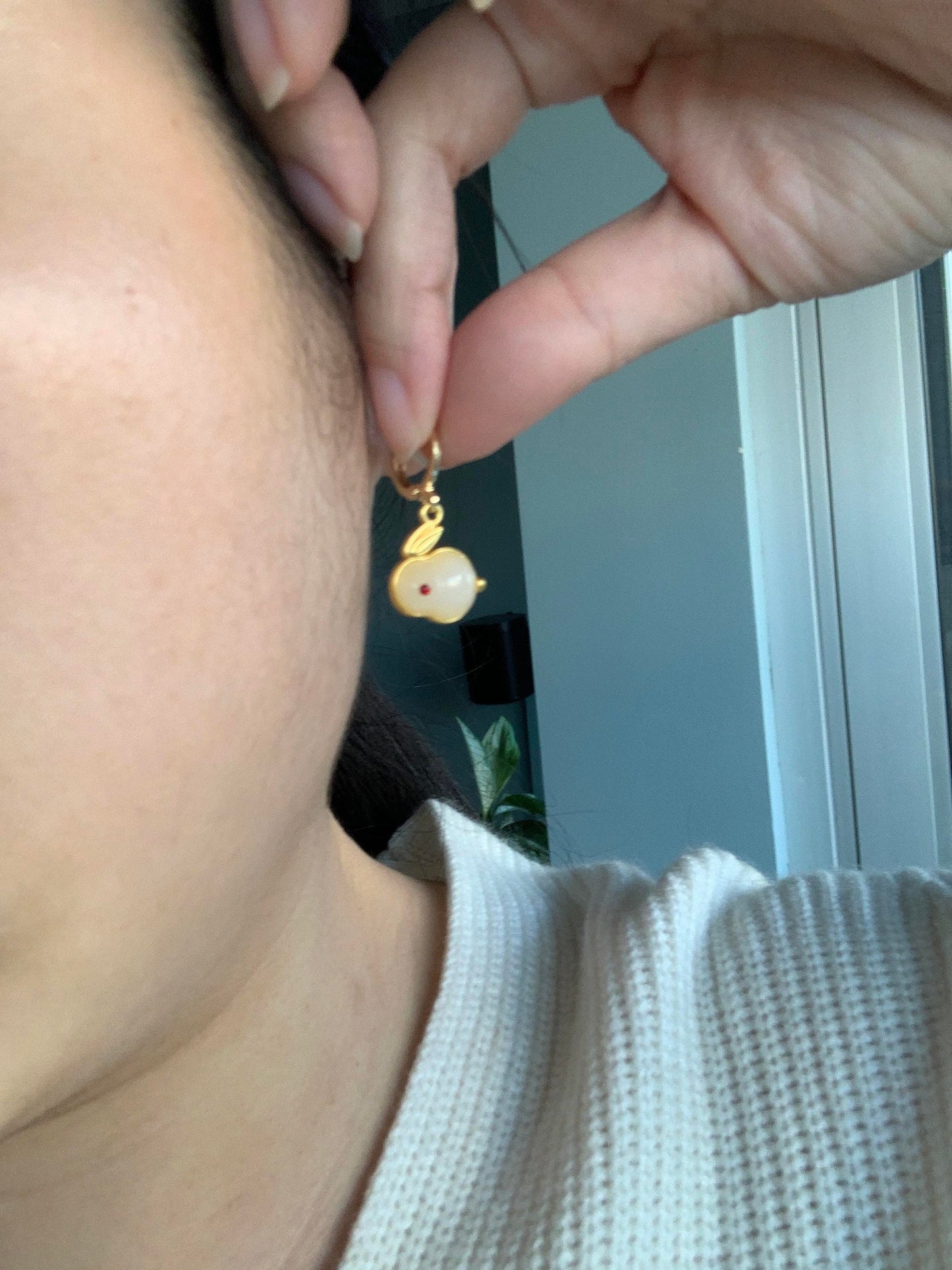 Dainty Jade Bunny Huggie Hoop Earrings