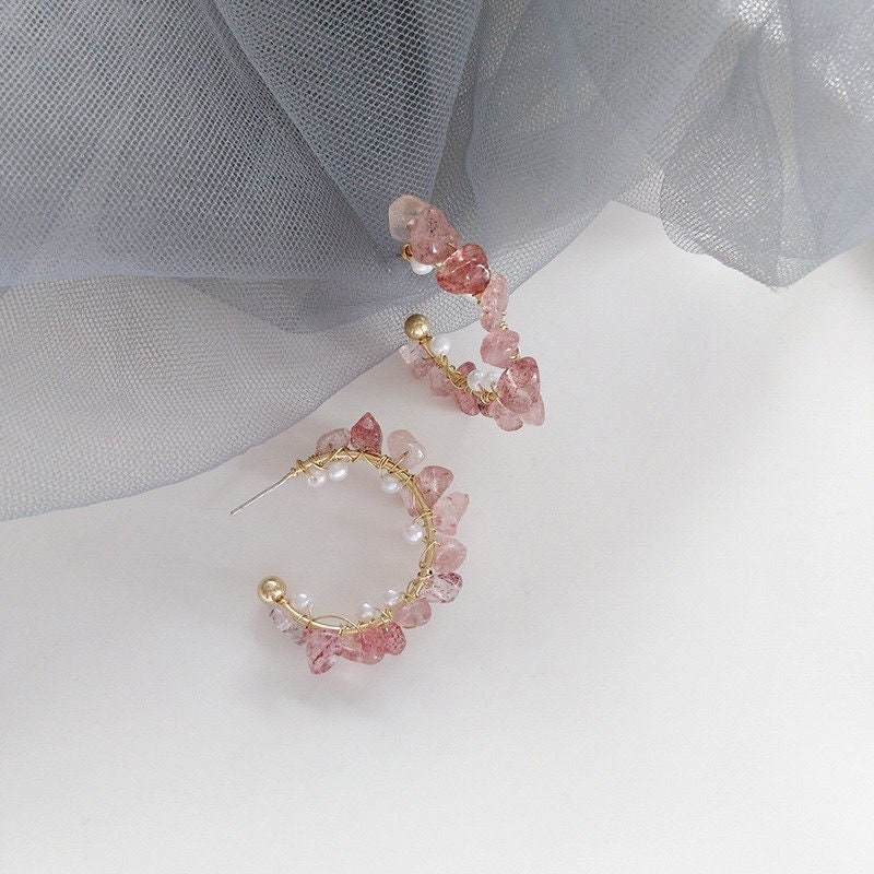 Unique Pink Opal Open Hoop Earrings