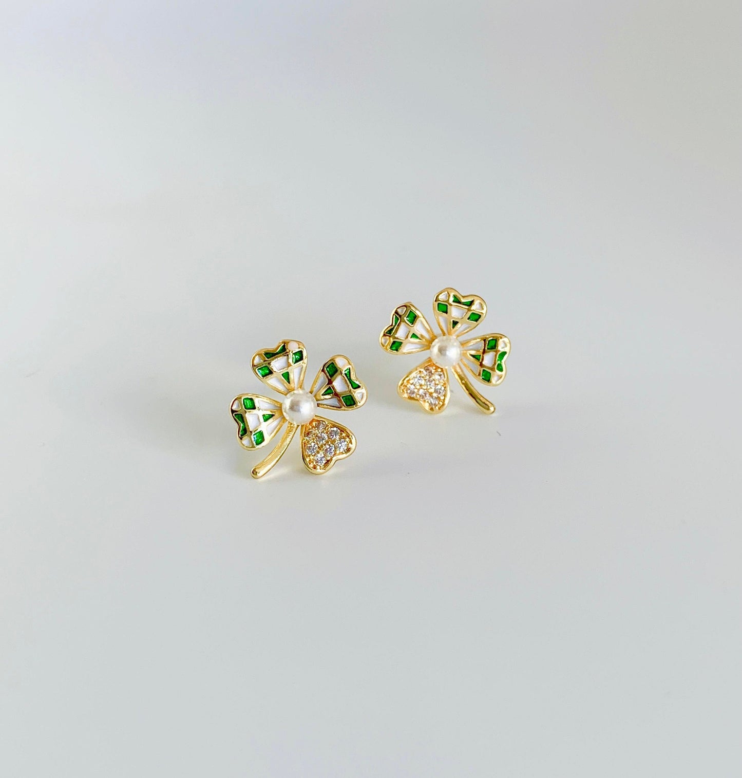 Dainty Green Clover Stud Earrings Silver Post